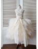 Champagne Lace Ruffled Tulle Cross Back Flower Girl Dress
